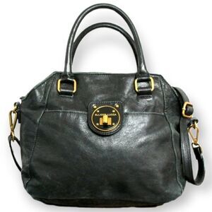 ELLIOTT LUCCA BLACK GENUINE LEATHER TURN LOCK X-BODY TOTE SHOULDER BAG HANDBAG